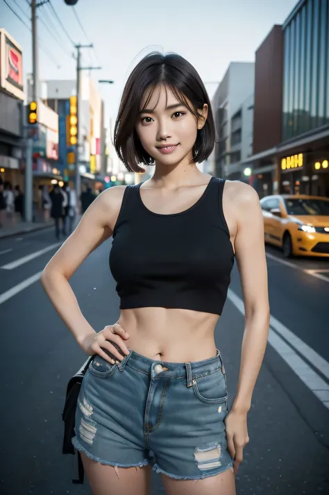 The beauty of 8K raw photos:2.0, Japanese woman, short hair, beautiful face and dark eyes, looking down, looking at the viewer:1.5, big smile, wet hair, tiny top, put hands on the hip, (tank top, black shorts:1.2), shinny skin, realistic:1.9, very detailed...