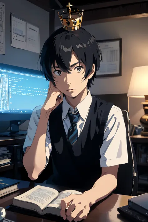 a waifu anime boy with black hair with some white highlights WHITE LIGHTS AS IF IT WERE LIGHTS because he dyed his hair he is studying programming he has a serious face and a little tired his eyes are focused on the books and in the background there is a t...