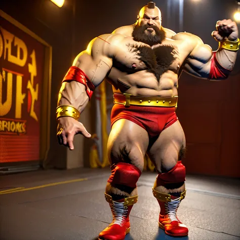 zangief,a man with a beard and a golden belt, fighting game character, street fighter 5,muscled humanoid,heavy looking,buff man,wrestler,Red short briefs,capcom,street fighter,shirtless,muscular male,chest hair,visually weighty,bearded man,mohawk hair,no w...