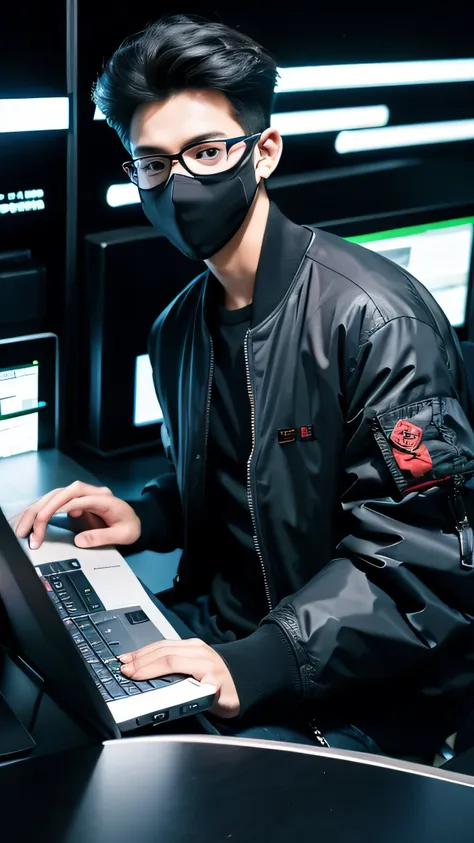 a nerdy boy wearing hacker mask and bomber jacket with high tech computer running a matrix program