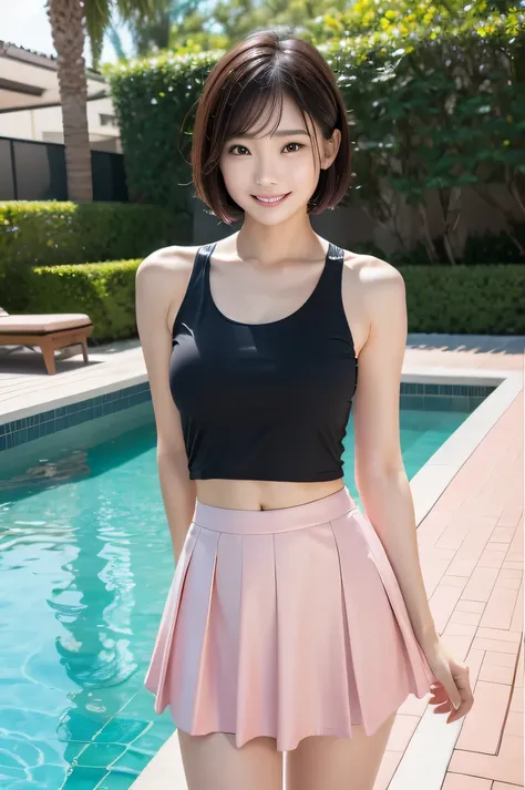 The beauty of 8K raw photos:2.0, Japanese woman, short hair, beautiful face and dark eyes, looking down, looking at the viewer:1.5, big smile, wet hair, tiny top, put hands on the hip, (tank top, pink skirt:1.2), shinny skin, realistic:1.9, very detailed, ...