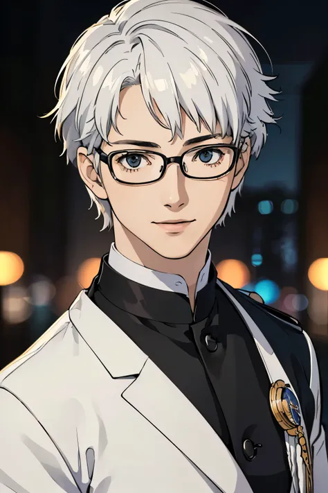 (best quality,4k,8k,highres,masterpiece:1.2),ultra-detailed,(realistic,photorealistic,photo-realistic:1.37)teenager,boy,white hair,glasses,black studant uniform Japanese, friendly expression,intense gaze,graceful posture,well-defined facial features, smili...