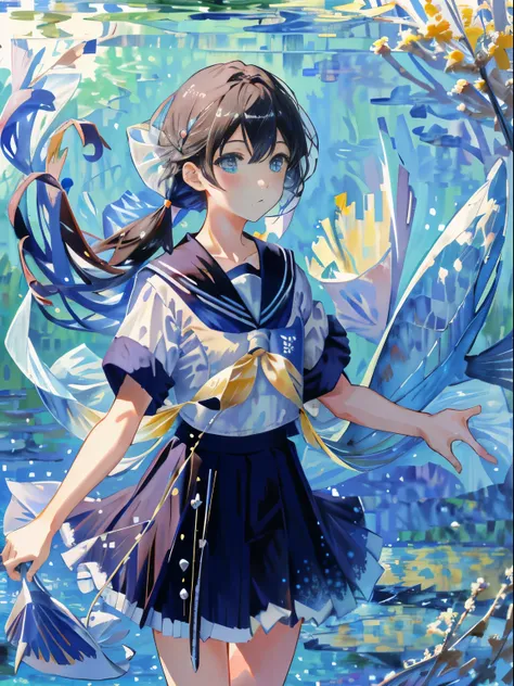 bubble, evaluation:Safety, air_bubble, underwater, One girl, fish, length_hair, water没した, School_uniform, serafuku, alone, water, skirt, neckerchief, short_sleeve,(Impressionism:1.4),