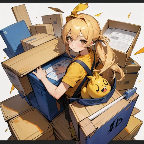 Chica anime cartera, uniforme, trabajando, chica manga 2d, rubia, ojos llamativos, con un paquete de envios, chica anime mensajera con una caja de envio, HD MANGA 2D, paquete de envios, caja marron de envios, chica mensajera trabajando, chica trabajando de...