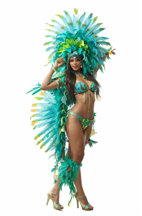 chica vestida de carnaval de brazil rio de janeiro samba en la calle sola sin gente de fondo vestuario de plumas colorido con muchas plumas y pechos grandes sola en la calle