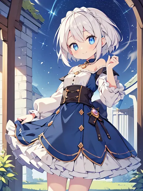 "Generate a picture of a cute girl，She has a stunning short white hair that flows around her, Her sparkling blue eyes sparkled with warmth and mischief. Dressed in witch costume, She exudes a playful charm, Accessorize her outfit with whimsical accessories...