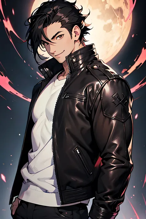 man, white skin, smile, strong, black hair, anime style, style, dark brown eyes, slim, athletic, leather jacket, dark magic around hands