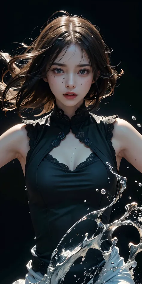 ultra high resolution, ((masterpiece))), (((best quality))), ((super detailed)), ((extremely delicate and beautiful)),cinematic light, detailed environment(real), motion blur, depth of field, Black background 1 girl,solo, (splashing:1.3),Beautiful facial...