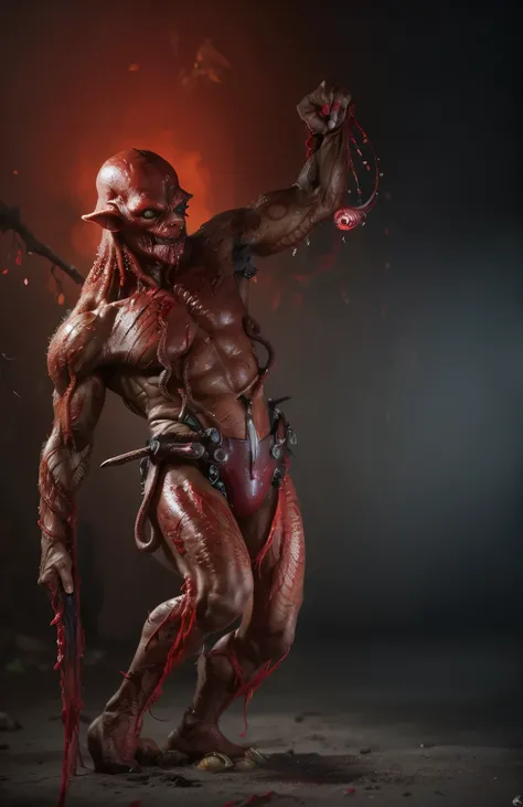 whole body、Please raise your arms high、always Bloodstained、Bloodstained、Bloodstained、Best image quality、masterpiece、8k、odd number、strongest、Brutal、monster、killer ghost、Wrestler、Large build、Face of Fear、octopus怪人、octopus、Tentacles、suction cup、8k,1 red skinn...