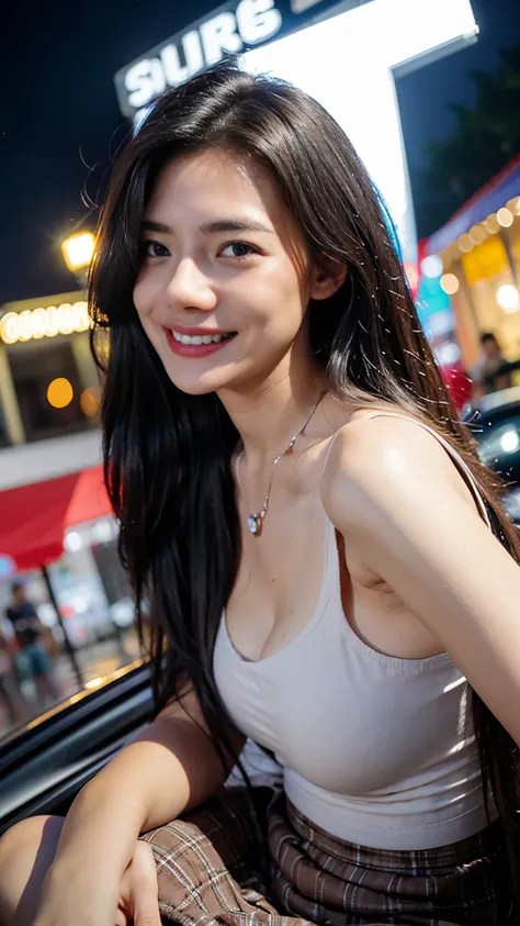 (RAW photos, best quality), (realistic, photorealistic: 1.2), (round face: 1), 1 girl, selfie outdoor, (high detail skin: 1.2), (puffy eyes), (lying silkworm), smile, collarbone, air bang, straight brown black hair, pure black pleated skirt, soft lighting,...