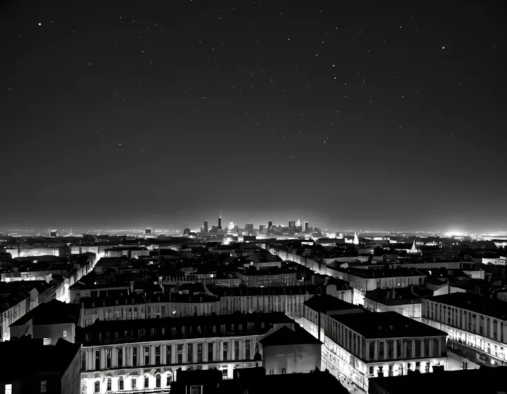 a black and white picture of an city sky line view, its night time, the sky is full of stars, and the city is lit by lamps,  mad...