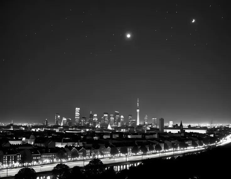 a black and white picture of an city sky line view, its night time, the sky is full of stars, and the city is lit by lamps,  mad...