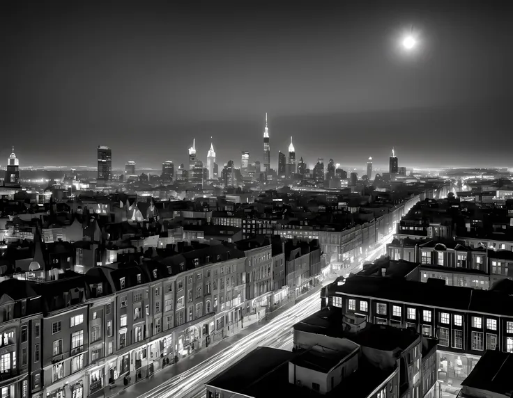 1hbgd1  a black and white picture of an city sky line view, its night time, the sky is full of stars, and the city is lit by lam...