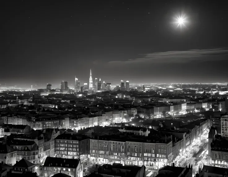 1hbgd1  a black and white picture of an city sky line view, its night time, the sky is full of stars, and the city is lit by lam...