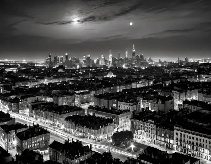 1hbgd1  a black and white picture of an city sky line view, its night time, the sky is full of stars, and the city is lit by lam...