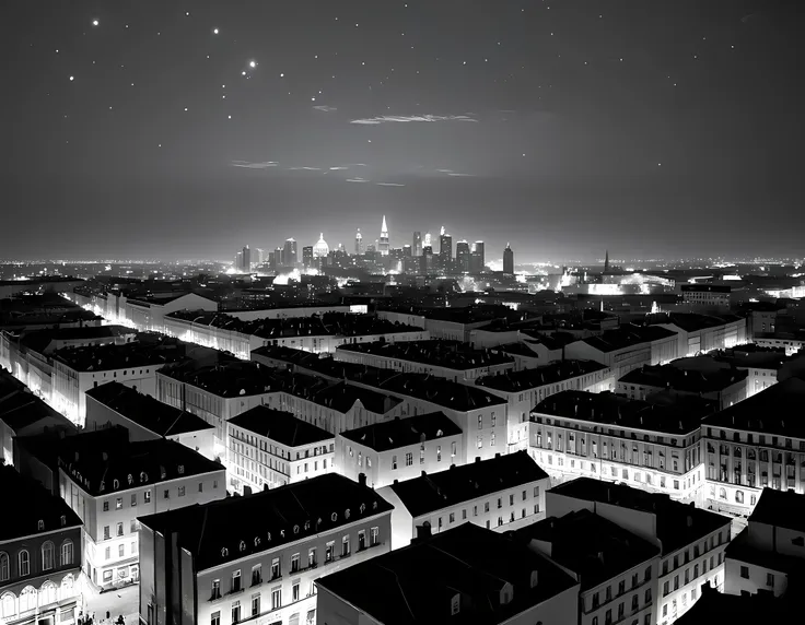 a black and white picture of an city sky line view, its night time, the sky is full of stars, and the city is lit by lamps,  mad...