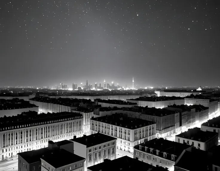 a black and white picture of an city sky line view, its night time, the sky is full of stars, and the city is lit by lamps,  mad...