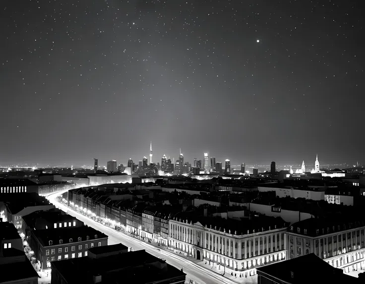 a black and white picture of an city sky line view, its night time, the sky is full of stars, and the city is lit by lamps,  mad...