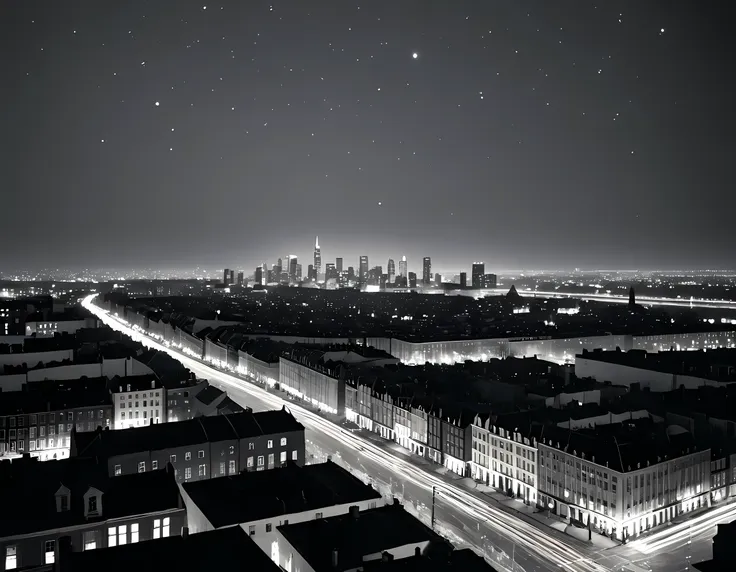 a black and white picture of an city sky line view, its night time, the sky is full of stars, and the city is lit by lamps,  mad...