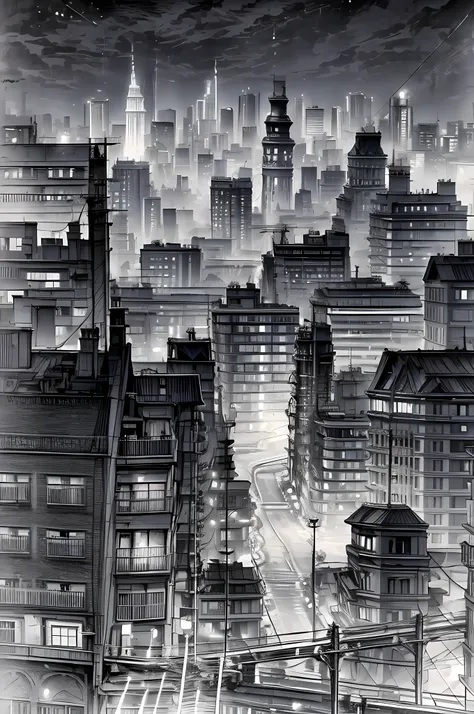 a black and white picture of an city sky line view, its night time, the sky is full of stars, and the city is lit by lamps,  mad...