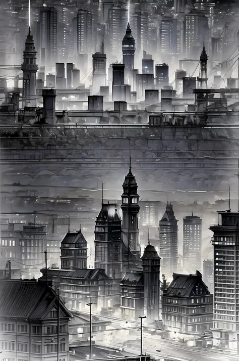 a black and white picture of an city sky line view, its night time, the sky is full of stars, and the city is lit by lamps,  mad...