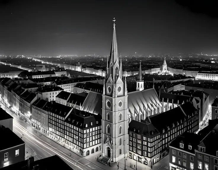 a black and white picture of an european city sky line view in the beginning of 20th century you can see, the church (intricate ...