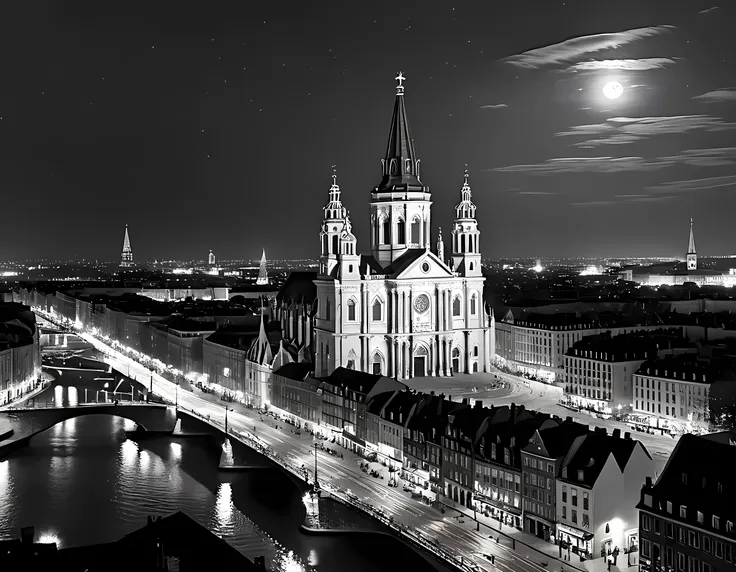 a black and white picture of an european city sky line view in the beginning of 20th century you can see, the church (intricate ...