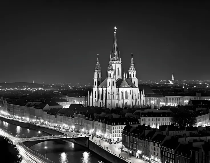 a black and white picture of an european city sky line view in the beginning of 20th century you can see, the church (intricate ...