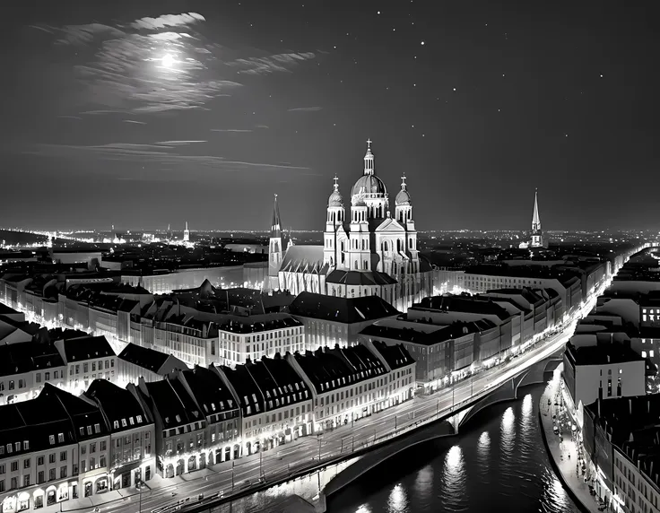  a black and white picture of an European city sky line view in the beginning of 20th century you can see, the church (intricate detailed, Masterpiece, best quality: 1.4), city center (intricate detailed, Masterpiece, best quality: 1.4), and some towers, i...