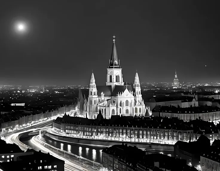 a black and white picture of an european city sky line view in the beginning of 20th century you can see, the church (intricate ...