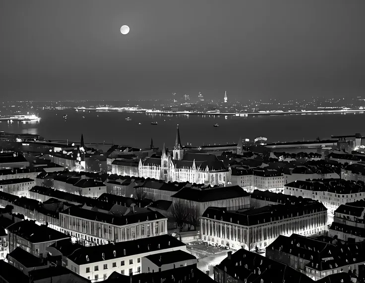  a black and white picture of an European city sky line view in the beginning of 20th century you can see, the church (intricate detailed, Masterpiece, best quality: 1.4), city center (intricate detailed, Masterpiece, best quality: 1.4), and some towers, i...