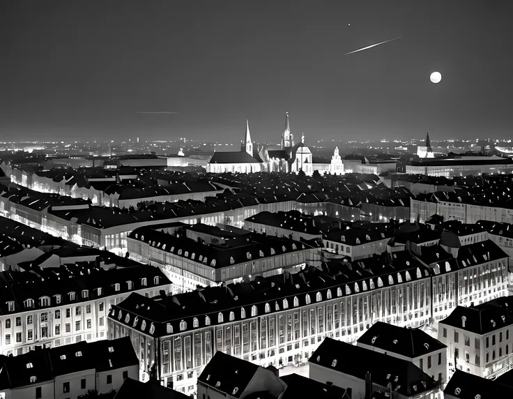  a black and white picture of an European city sky line view in the beginning of 20th century you can see, the church (intricate detailed, Masterpiece, best quality: 1.4), city center (intricate detailed, Masterpiece, best quality: 1.4), and some towers, i...