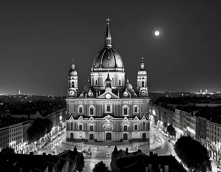 a black and white picture of an european city sky line view in the beginning of 20th century you can see, the church (intricate ...