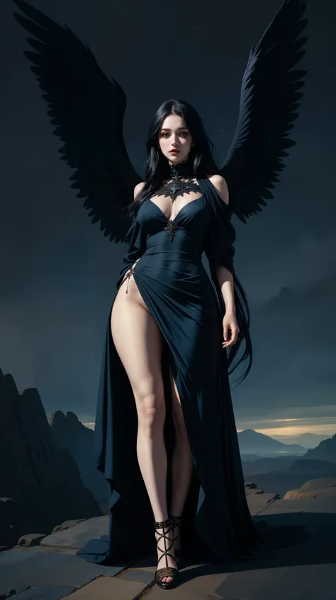 a woman in a long (suggestive dress) of a gothic style, body with pale skin, hair lifted by the wind, straight long black hair, ...