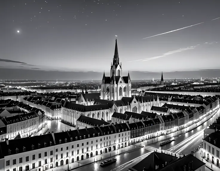 modisn disney a black and white picture of an european city sky line view in the beginning of 20th century you can see, the chur...