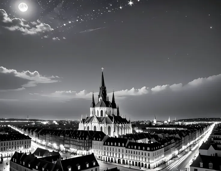 modisn disney a black and white picture of an european city sky line view in the beginning of 20th century you can see, the chur...