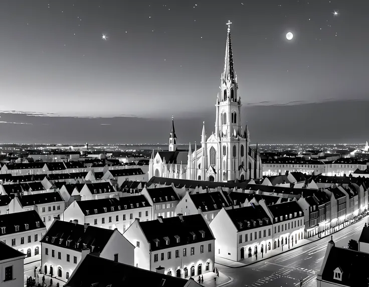 modisn disney a black and white picture of an european city sky line view in the beginning of 20th century you can see, the chur...