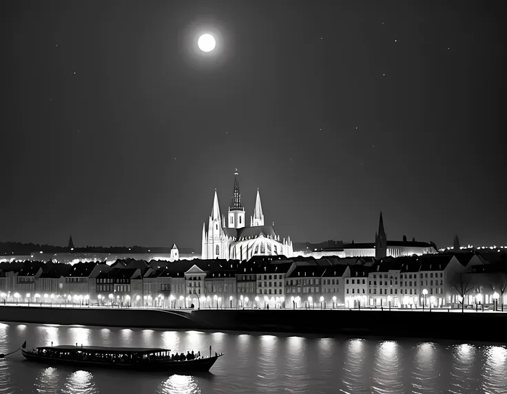 a black and white picture of an european city sky line view in the beginning of 20th century you can see, the church (intricate ...