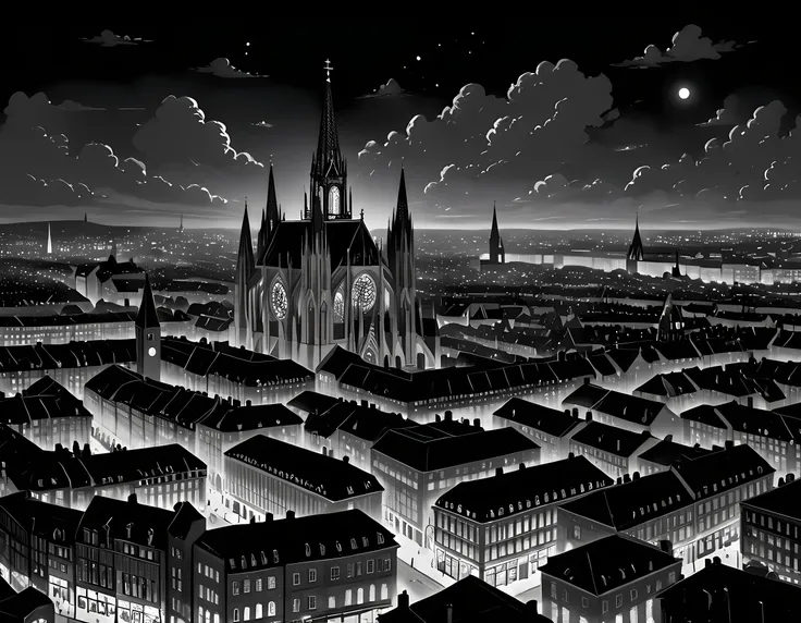 a black and white picture of an european city sky line view in the beginning of 20th century you can see, the church (intricate ...