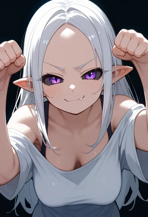 best quality, score_9, score_8_up, score_7_up, 1girl, purple eyes, black sclera, white hair, long hair, parted bangs, pointy ear...