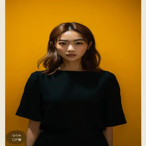 Customary portrait of a woman wearing a black dress with a yellow background, Medium overhead light for portrait, With short hair, By Tori Kyomoto, Medium soft light image, Soft low light image, No type, Chiho, Japanese model, Young woman, Selfie in the mi...