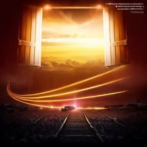 a movie poster with a train leaving a window, epic atmosfera deslumbrante, cena de abertura, bela atmosfera, gold gates of heaven!!!!!!!!, movie poster without text, the gates of heaven, atmosfera deslumbrante, gates of heaven, epic atmosphere, very epic a...