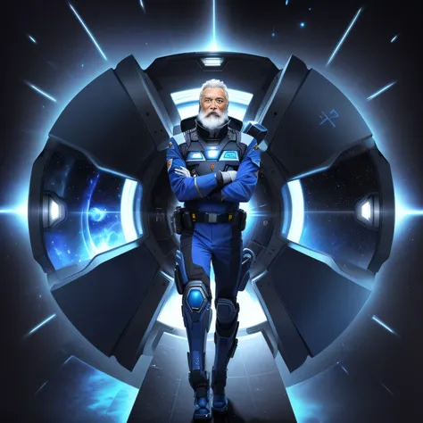 60 years old man Terran The Expanse series starship commander. blue uniform with starship captain stripes on the shoulder pads. Belgian draw style. look forward. full body image. Standing on a sci-fi street. with a white beard. detailed anime style image. ...