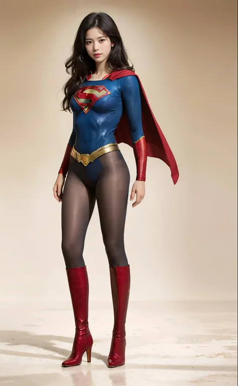 No background、(((Beautiful legs in black tights.)))、(((Legally express the beauty of your smile)))、((((Make the most of your original images)))、(((Body-fitting Supergirl costume)))、(((Supergirl Costume)))、(((Beautiful Hair)))、(((suffering)))、(((Please wear...