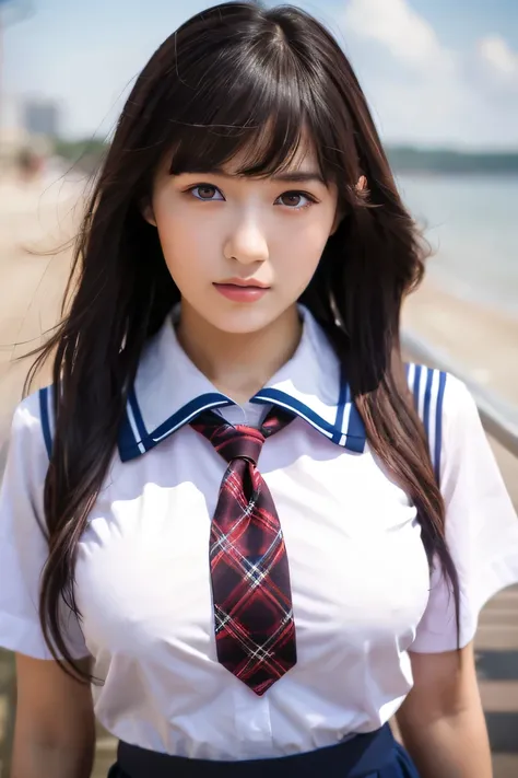 8K raw photo, Best quality, masterpiece, ultra high res, 3d, realistic, 1girl, asian, serious face, black_hair, black_sailor_collar, long_hair, nose, school_uniform, neckerchief, natural skin texture, light brown_eye, detailed eyes and face, lips, lipstick...