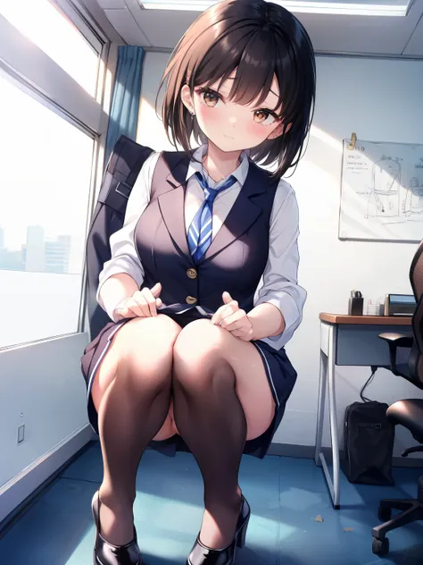 highest quality, Flying debris、Beautiful woman、officeレディー、Black Hair、(Brown eyes、Big Breasts)、short hair、チェック柄のダークブルーのofficeスーツ)、new employee,Full Body Shot、Female office lady、break(Dark blue checked vest、White dress shirt、Navy blue mini tight pencil skirt...