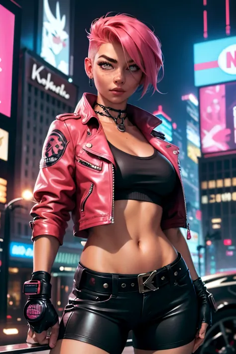 (masterpiece, best quality, art, sfw, by Krys Decker), 1girl, detailed eyes, freckles, short pink hairs, ((undercut)), leather jacket, night city, cyberpunk, punk, bikini top, small breasts