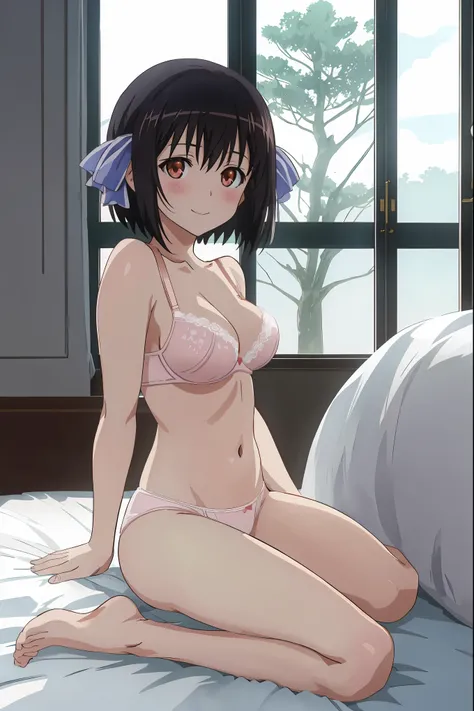 [anime styled]],[[digitalart]],1girl,solo,(portrait),from below,Tomomi_saikyou,black hair,Short hair,bob cut,hair ribbon,midium build,1girl in,short torso,anime screen cap,cel shading,smile, blush,(strong light),((brighten the subject)),bedroom,(sitting,wa...