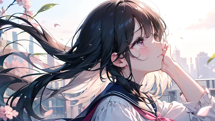 ((high school girl)), (Highest quality、masterpiece、Super fine、Super fine、Exquisite、16k、Full HD) 、((profile,Look Up)), ((sad,tears)) 、Black Hair,Soft sunlight、((Clear skies)) 、Black Eyes、Long eyelashes、White skin、Pale pink lips、(Pale pink cheeks、thin and lo...