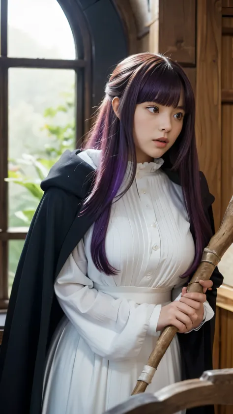 live-action, photo of, A scene inspired by the manga Frieren: Beyond Journeys End, fern, A hyper-realistic movie photograph of a beautiful cute girl with long, straight purple hair and blunt bangs cropped bangs, purple eyes, She is standing in a wooden roo...